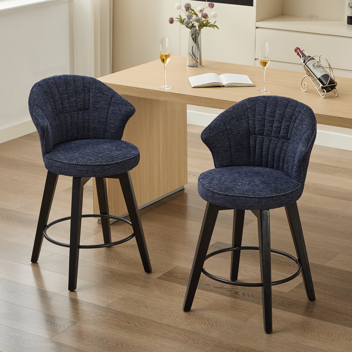 008-Wing Back Swivel Bar Stools Set of 2 - 25' Counter Height Adjustable Stools with Solid Wood Legs & Chenille Upholstery, Leveling Feet for Kitchen Island, Home Pub or Dining Room, Blue