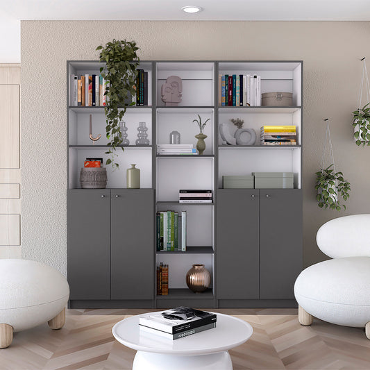 Acres 3 Piece Home Bookcase set, 67' Wide with 11 Shelves and Two Double-Door Cabinet ,  Living Room Set  Matt Gray / White