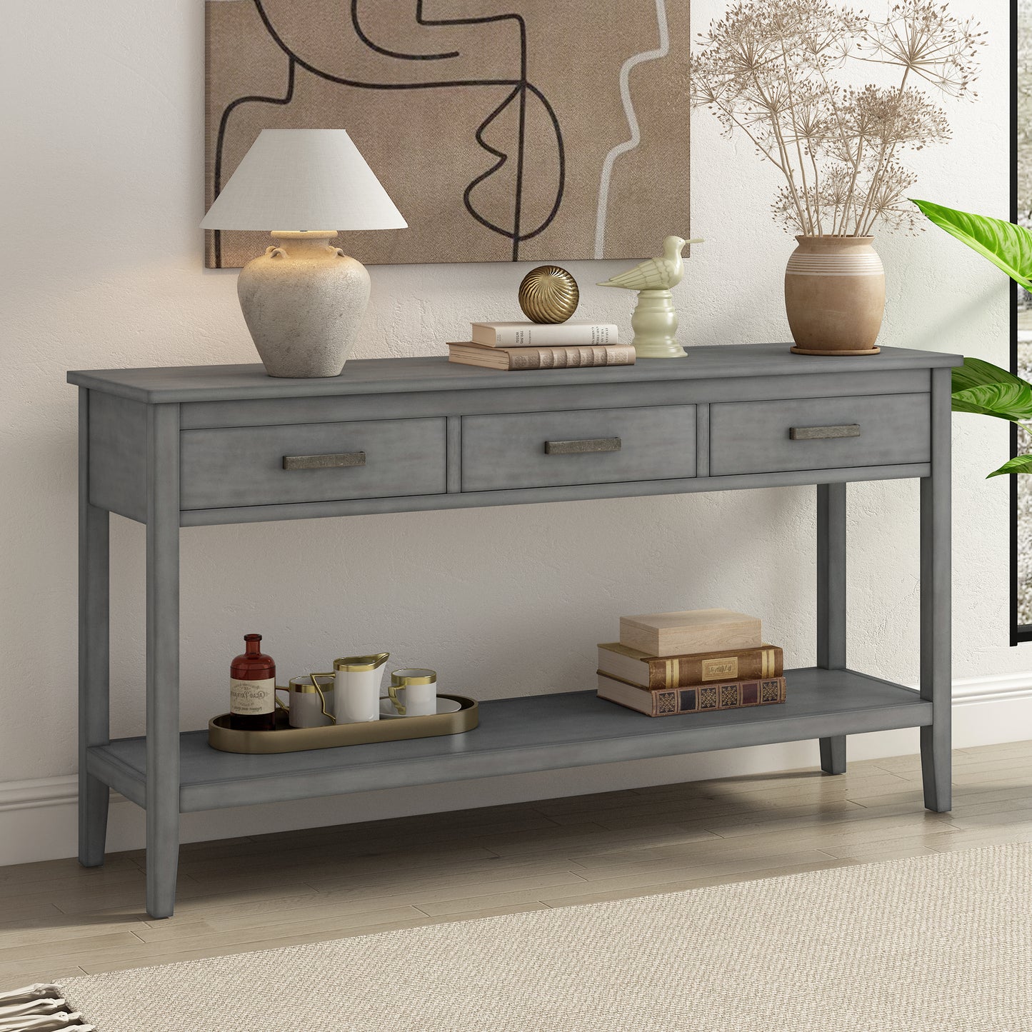 U_STYLE 62.2'' Farmhouse Entryway Table with 3 Drawers, Painted Console Table with Bottom Shelf & Iron Handles, Minimalist Sofa Table for Living Room, Hallway, Kitchen, Bedroom, Office