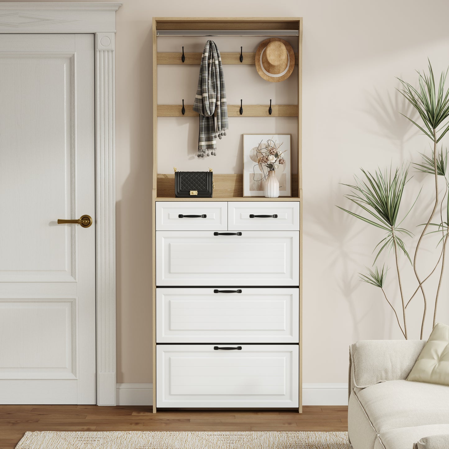 New wooden shoe cabinet, 3 doors and 2 drawers, equipped with hangers and spacious storage space
