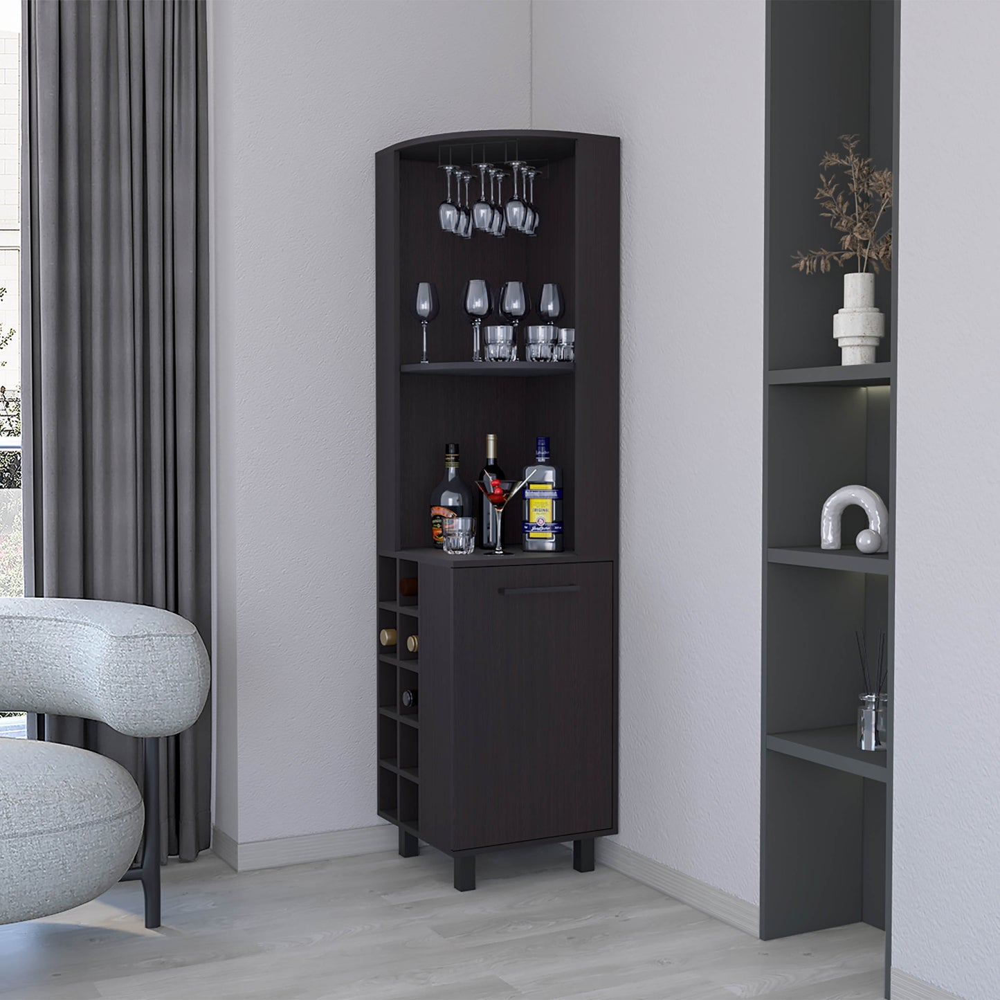 FM FURNITURE Leah Corner Bar cabinet with ample storage and wine rack. Wengue