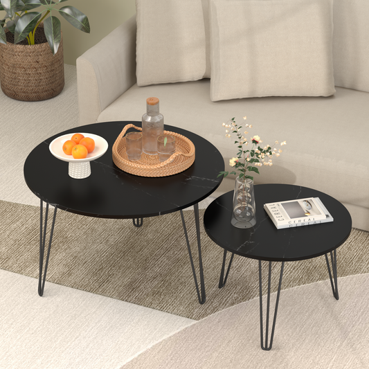 27.56'' Round Nesting Coffee Table Set of 2, Circular Nesting End Table Set, Round Marble Tabletop, and Sturdy Metal Base for Living Room, bedroom, Black