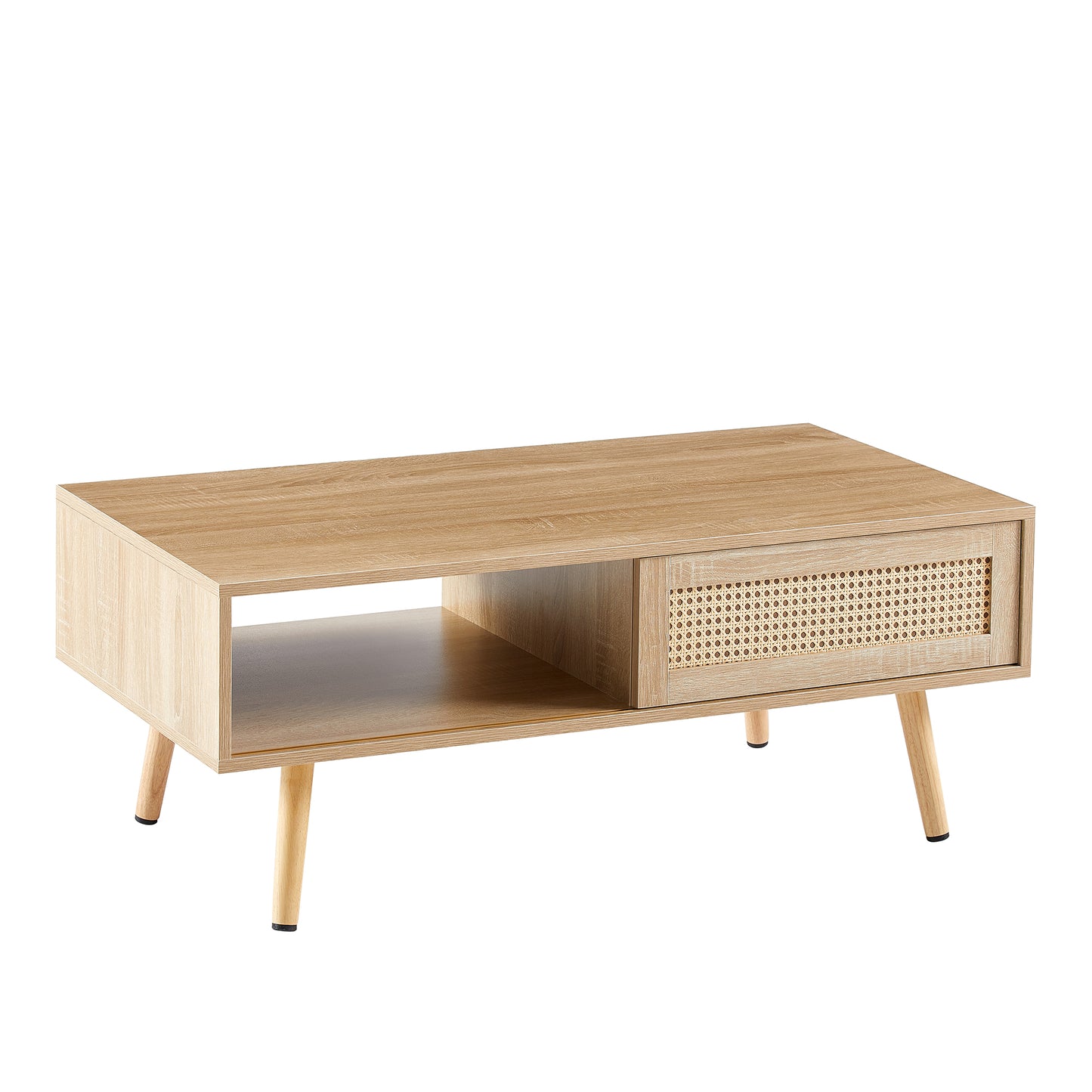 41.34' Rattan Coffee Table, Sliding Door for Storage, Solid Wood Legs, Modern Table for Living Room-Natural