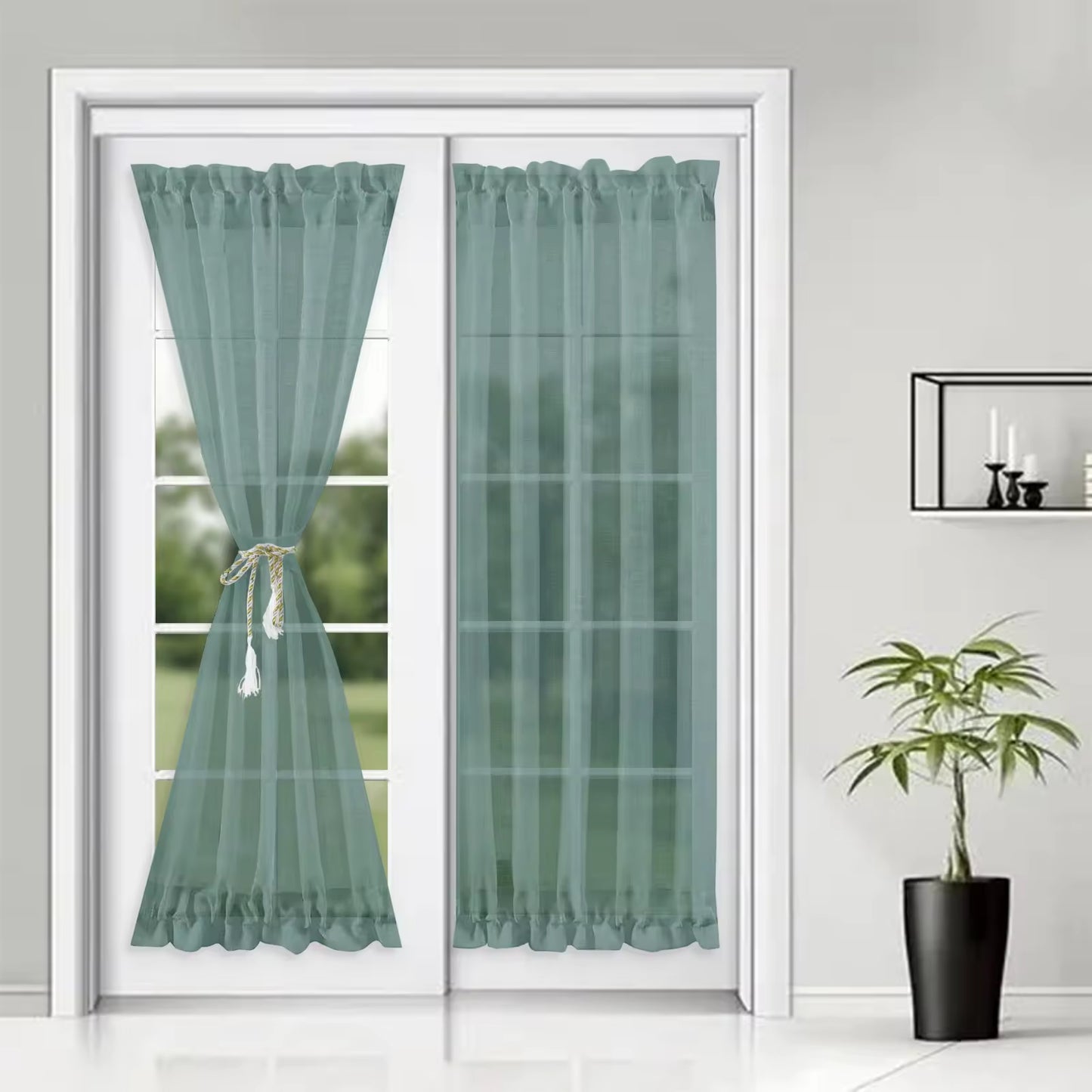 Green Sheer Curtains Semi Transparent French Door Curtain Eco-friendly French Window Curtains
