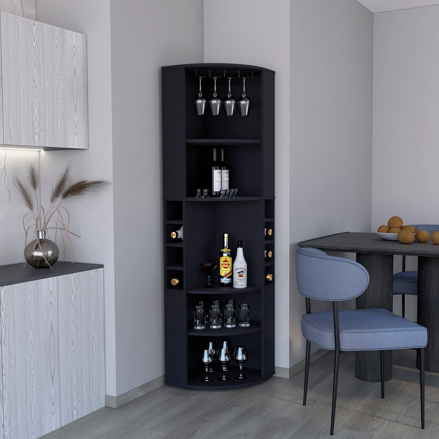 71' Corner Bar Cabinet with Five Shelves, Eight Bottle Cubbies and Stemware,Black