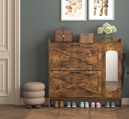 Shoe Storage Cabinet with 2 Flip Drawers, Freestanding Organizer with Metal Legs for Entryway, Narrow Shoe Rack Cabinet, Rustic Brown
