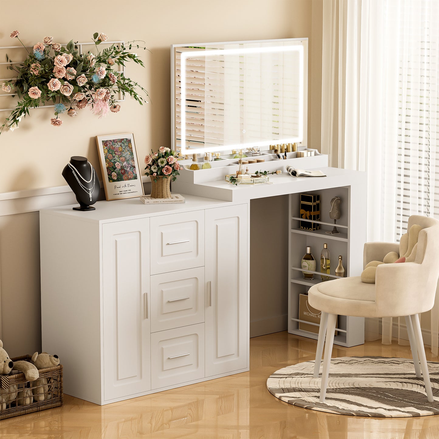 59' Makeup Vanity Desk with Mirror, Vanity Mirror with Lights, Dressing Table with 3 Drawers and 2 Cabinets, Vanity Table with Storage Shelves for Bedroom, White