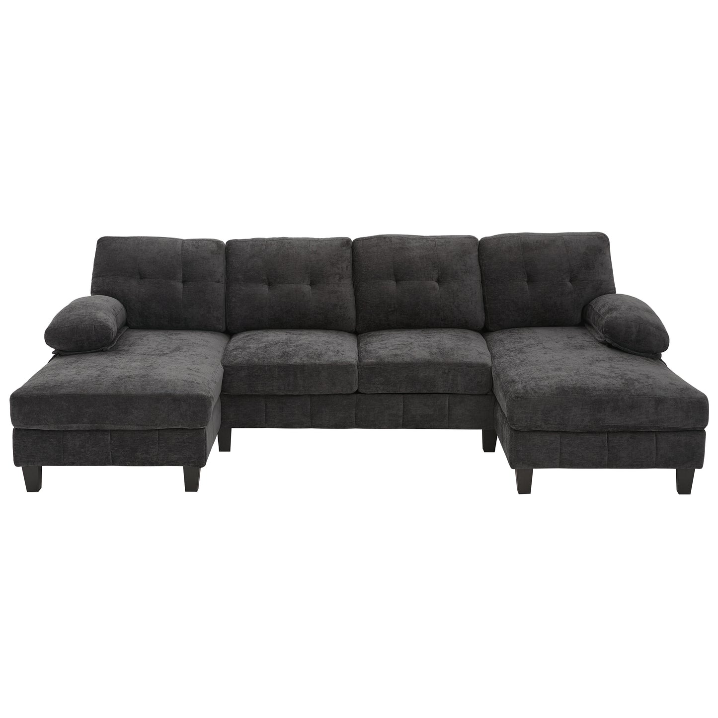 U-Shaped Sectional Sofa 103.5' Black Chenille Fabric Couch with Dual Chaise Lounges, Storage Pockets, Armrest Pillows