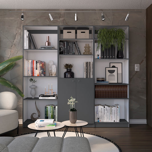 Aynor 3 Piece Home Bookcase set, 74' Wide with 12 Shelves and 2-door Cabinet ,  Living Room Set  Matt Gray / White