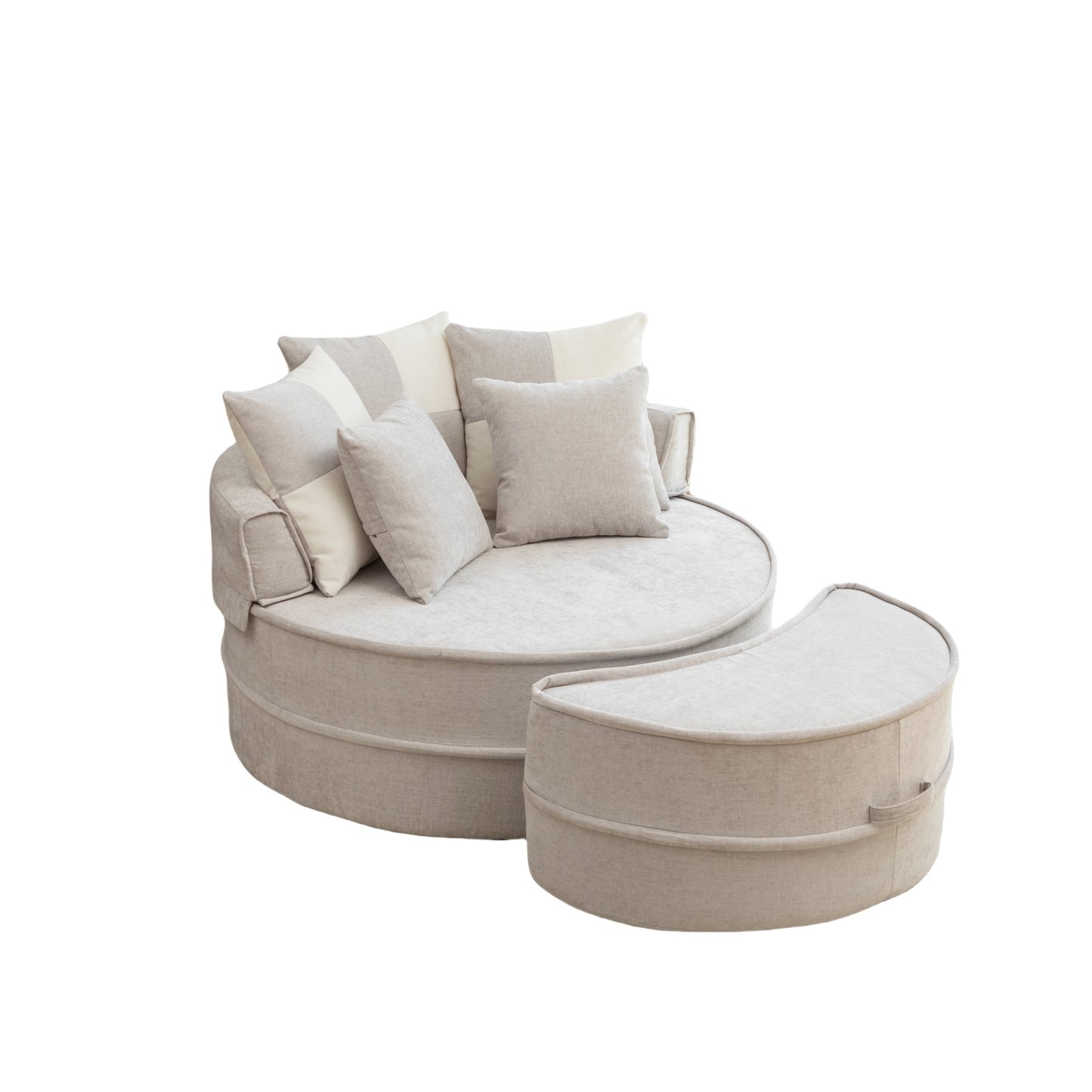 Modern Oversized  Gray Round Barrel Accent Chair with Ottoman – Velvet Upholstered Lounge Armchair with 5 Pillows for Living Room or Bedroom