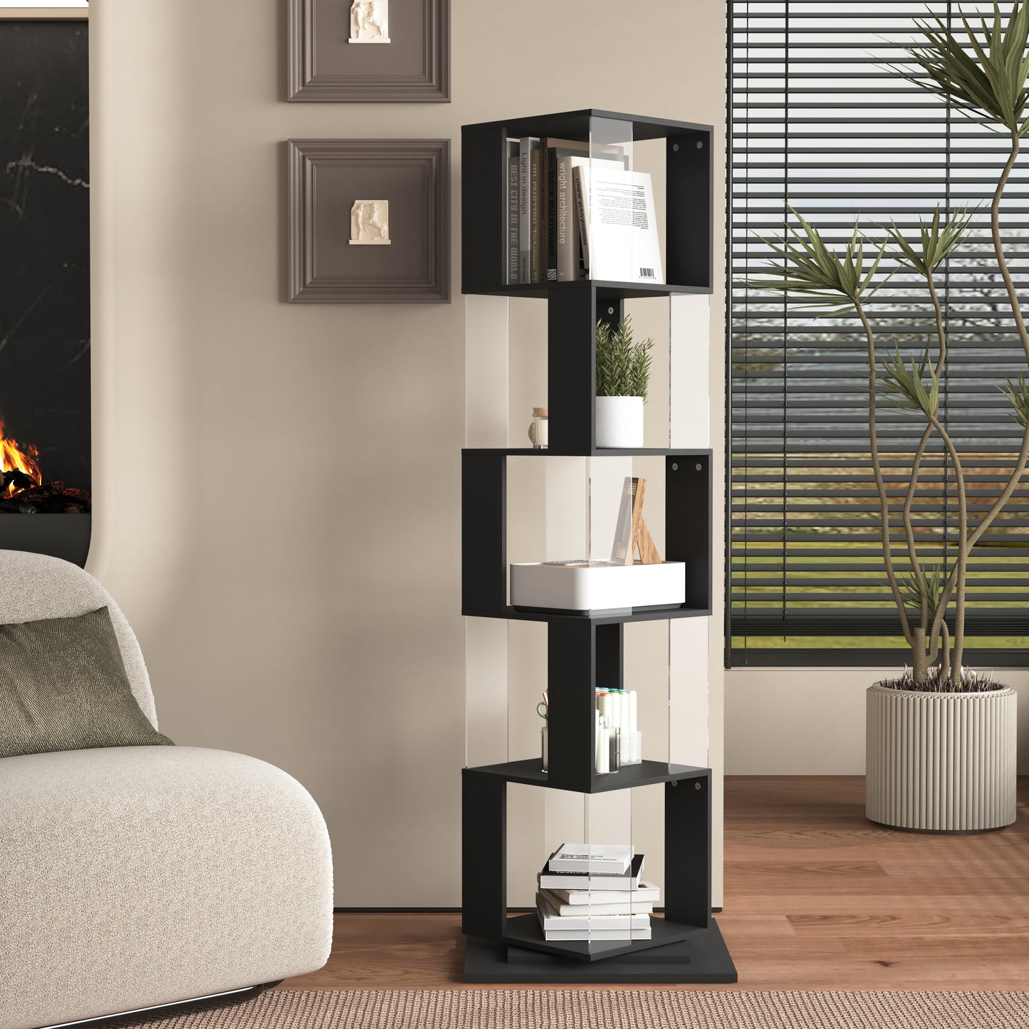 5 tier Rotating Bookshelf, Floor Rack Simple Bookcase with Acrylic plate Student Multi-Function Creative Bookshelf for Living Room with anti-toppling base