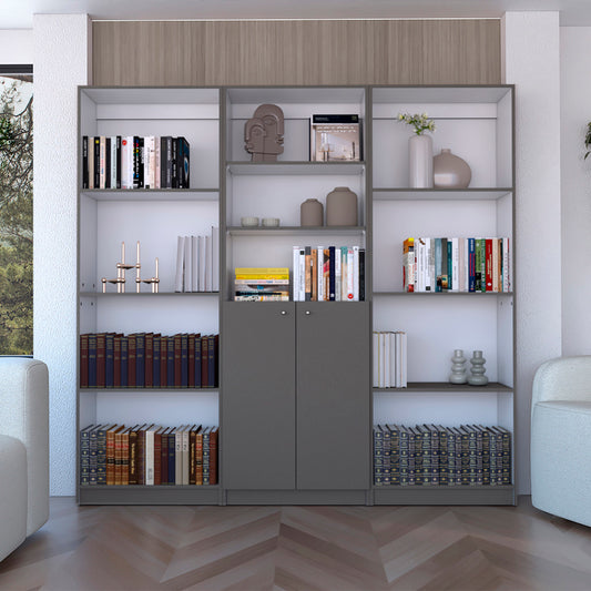 Duette 3 Piece Home Bookcase set, 74' Wide with 11 Shelves and 2-door Cabinet ,  Living Room Set  Matt Gray / White
