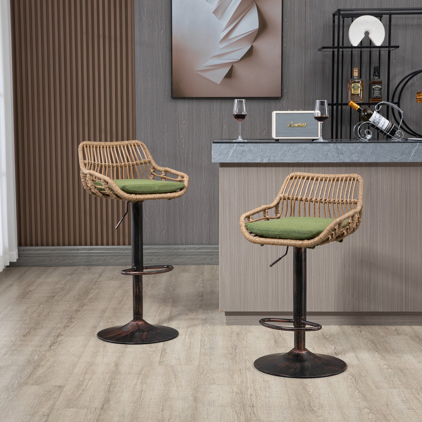 COOLMORE Modern Swivel Bar Stools Set of 2 Adjustable Counter Height Chairs with Footrest for Kitchen, Dining Room (Green)