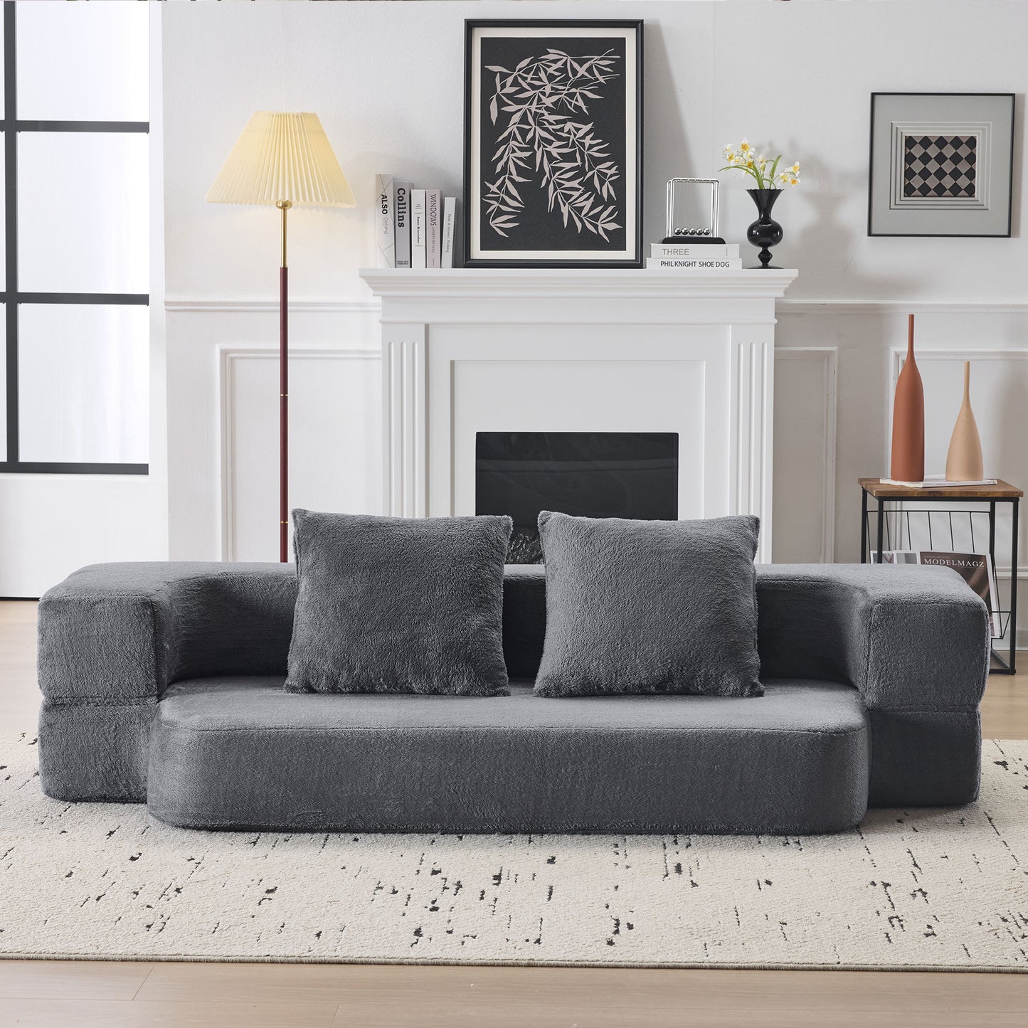 Ebern Designs Transformable Sectional Sofa with 3 Ottoman Stools - Supportive Foam Fold-Out Bed, Compact Chenille Lounger for Small Spaces & Home Offices.lihgt grey