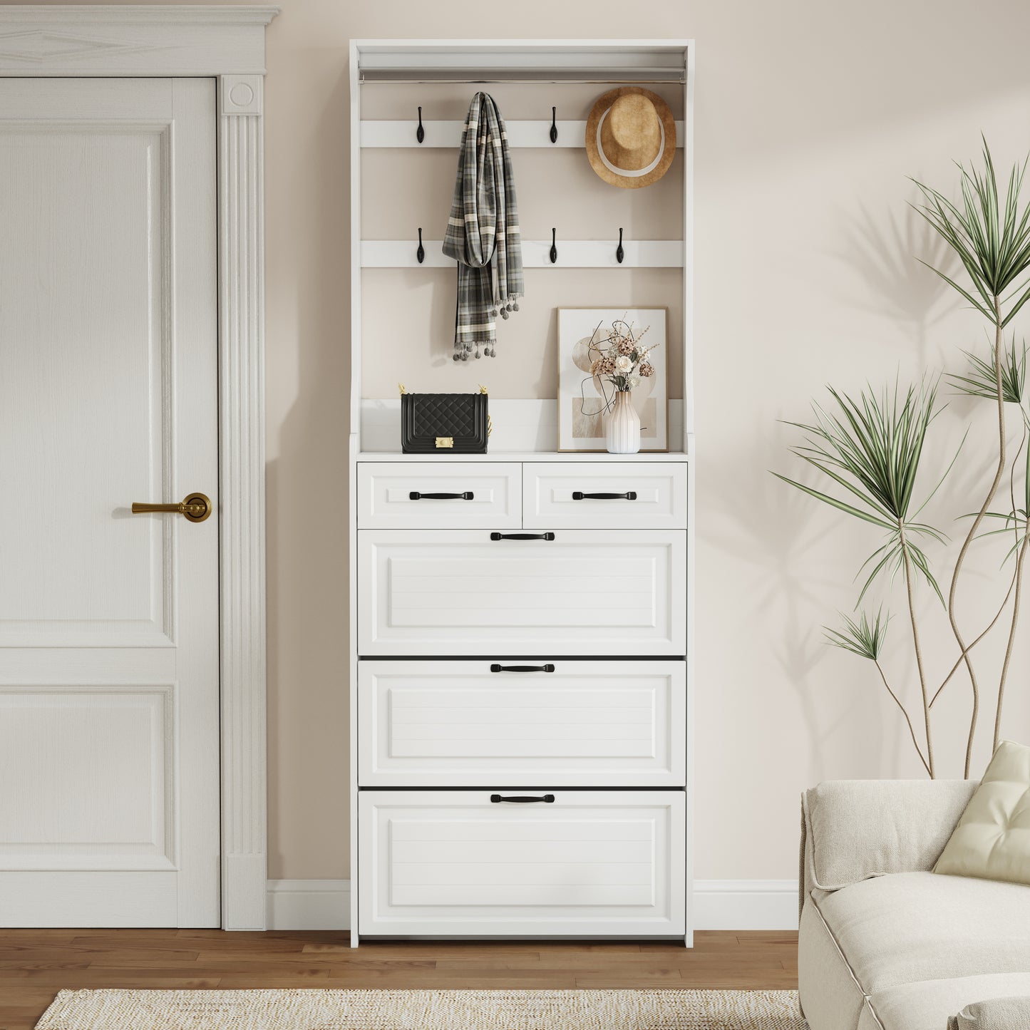 NEW White color shoe cabinet  with 3 doors 2 drawers with hanger,large space for storage