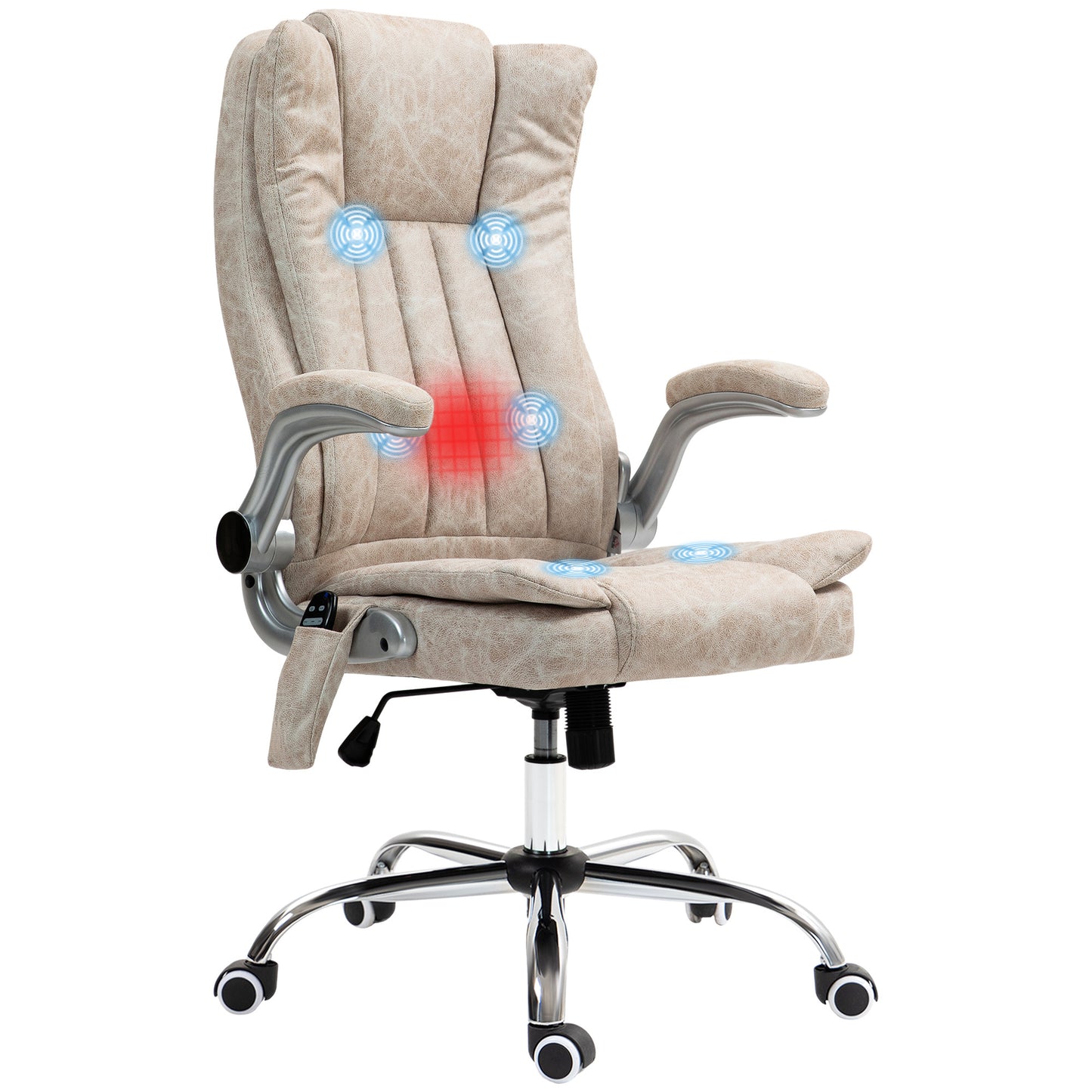 HOMCOM High Back Vibration Massage Office Chair, Leathaire Heated Computer Chair with Flip-up Armrest, Swivel Wheels & Adjustable Height, Cream White
