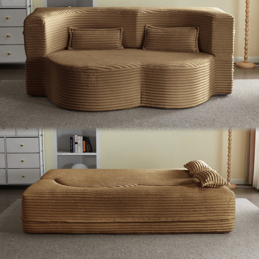 Modern Floor Sofa with 2 Pillows, Convertible Plush Corduroy Foam-Filled Sleeper Sofa Bed,15 ' Full Size Folding Mattress for Living Room, Guest Bed, no assembly required, Camel