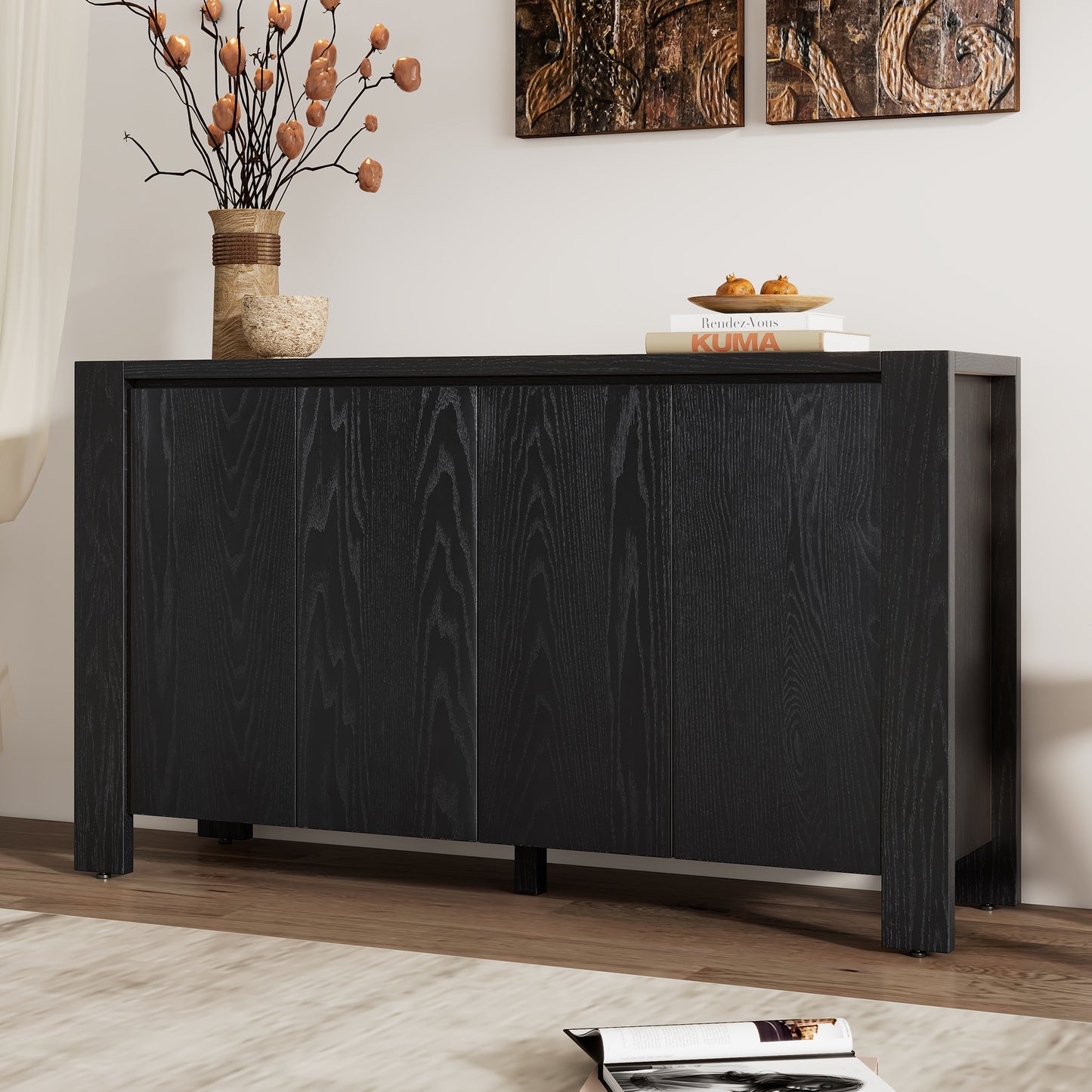 TREXM Buffet Cabinet with Storage, 4-Door Retro Wood Sideboard with Distressed Finish and Adjustable Shelves for Dining Room, Kitchen, and Living Room (Black)