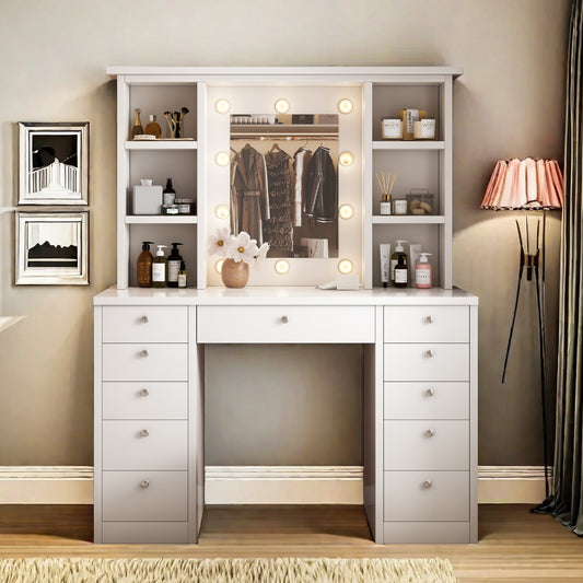Vanity Desk with LED Lighted Mirror, Makeup Vanity  with 11Drawers, 3 Color Lighting Modes Brightness Adjustable, Hidden Wiring, Dressing Table for Bedroom, White