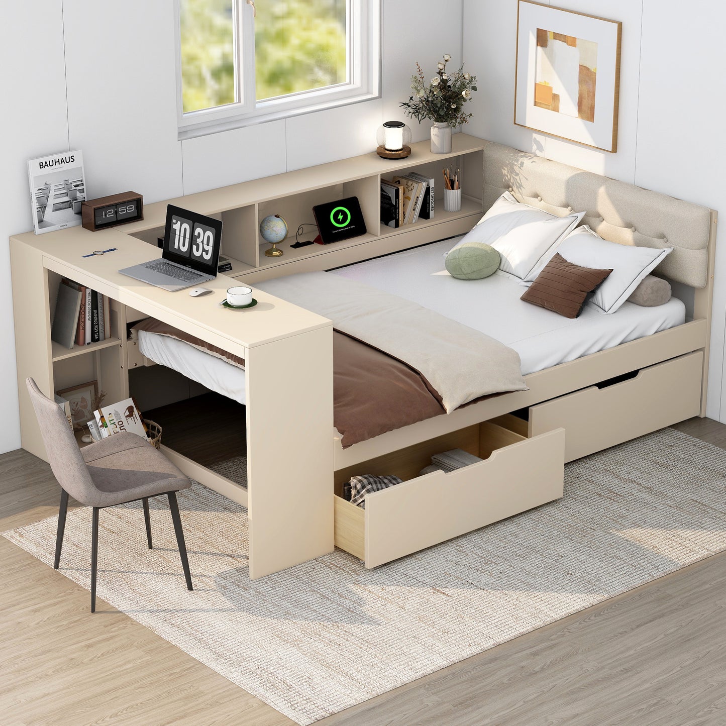 Wood Full Size Platform Bed with Storage Shelves, Drawers, Charging Station and Upholstered Headboard, Cream