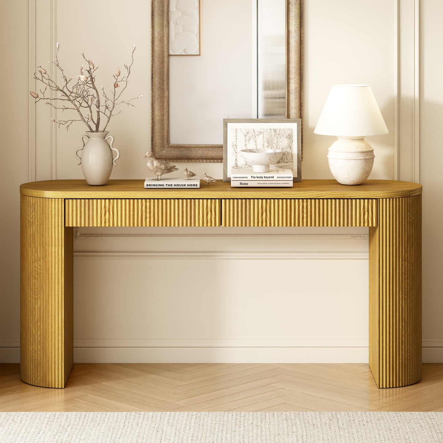 U_STYLE Sophisticated Console Table with Pine Veneer and Vertical Striped,Suitable for Entryway, Hallway, Living Room, Bedroom,Dining room