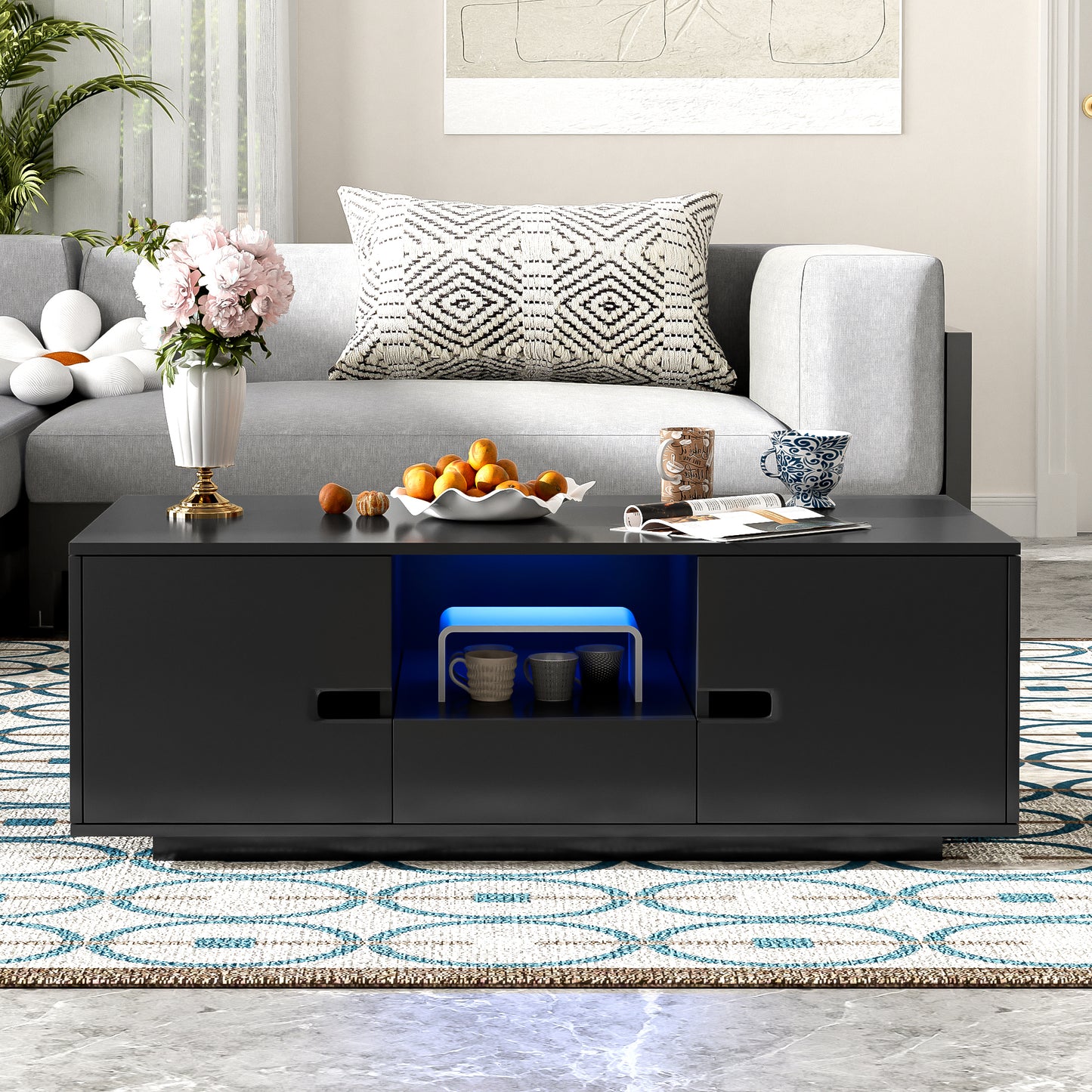 U-Can Modern High Glossy Rectangle Coffee Table, Stylish Center Table with Storage Space, Accent Furniture with 16 Color LED Lights for Living Room