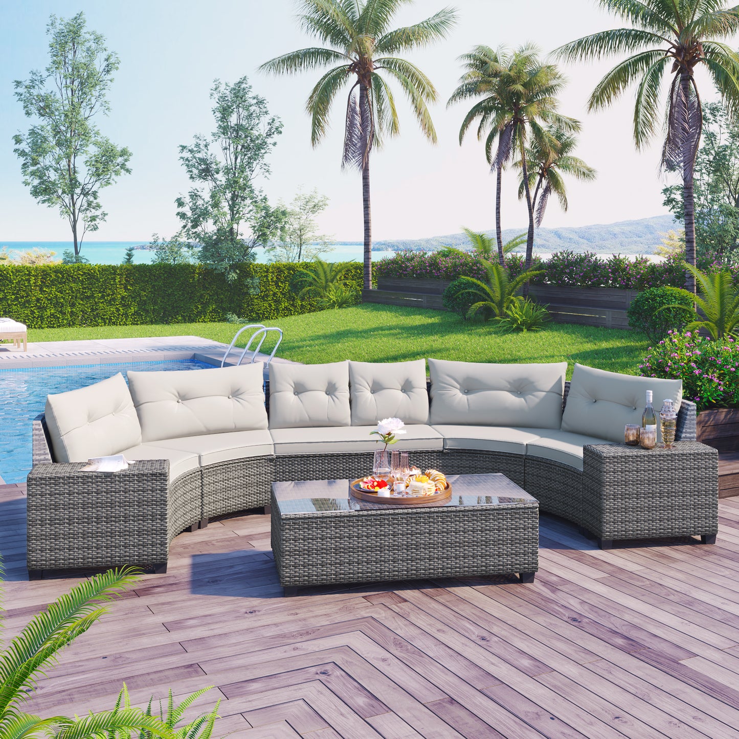 GO 8-pieces Outdoor Wicker Round Sofa Set, Half-Moon Sectional Sets All Weather, Curved Sofa Set With Rectangular Coffee Table, PE Rattan Water-resistant and UV Protected, Movable Cushion, Beige