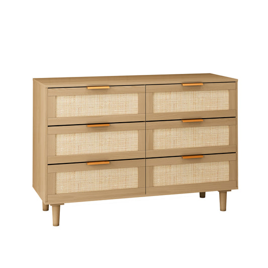 Modern Rattan Dresser with 6 Drawers for Bedroom and Living Room,Oak