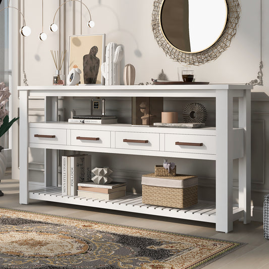 U_STYLE 62.2'' Large Entryway Table with 4 Drawers,Painted Console Table with 3-Tier Open Shelves and Metal Handles,Versatile Hallway Sofa Table for Living Room, Bedroom, Foyer and Kitchen
