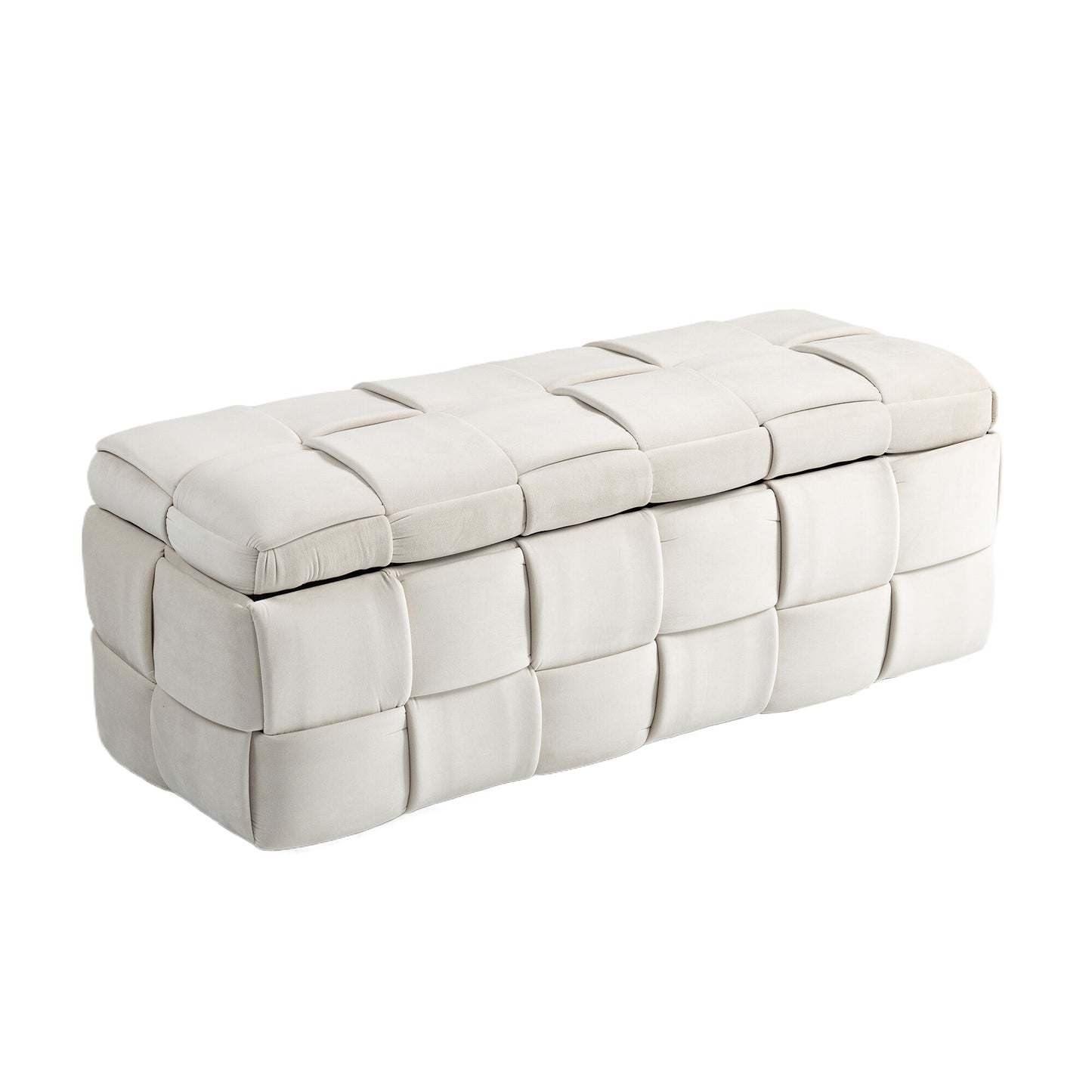 Upholstered Fabric Storage Ottoman Bench with Safety Hinge for Bedroom & Living Room, Beige, 43.7'' x 17.32'' x 15.73''