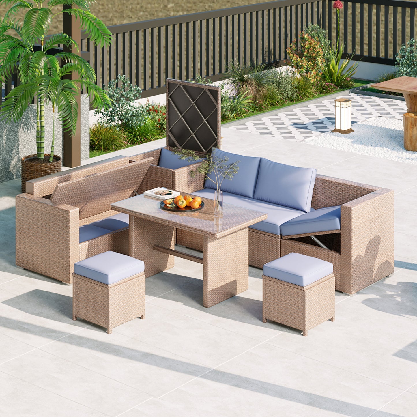 TOPMAX Outdoor 6-Piece All Weather PE Rattan Sofa Set, Garden Patio Wicker Sectional Furniture Set with Adjustable Seat, Storage Box, Removable Covers and Tempered Glass Top Table, Natural