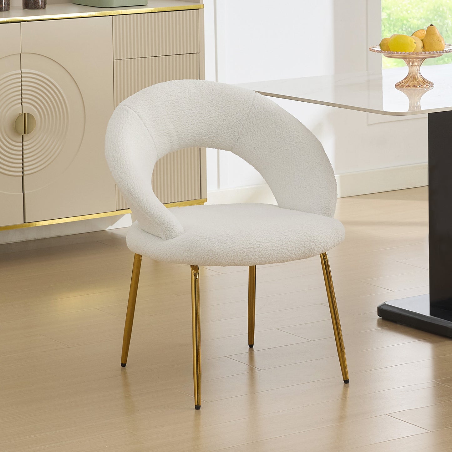 061-Set of 1 Teddy Fabric Dining Chairs With Curved Backrest and Golden Metal Legs for Kitchen or Dining Room ,White