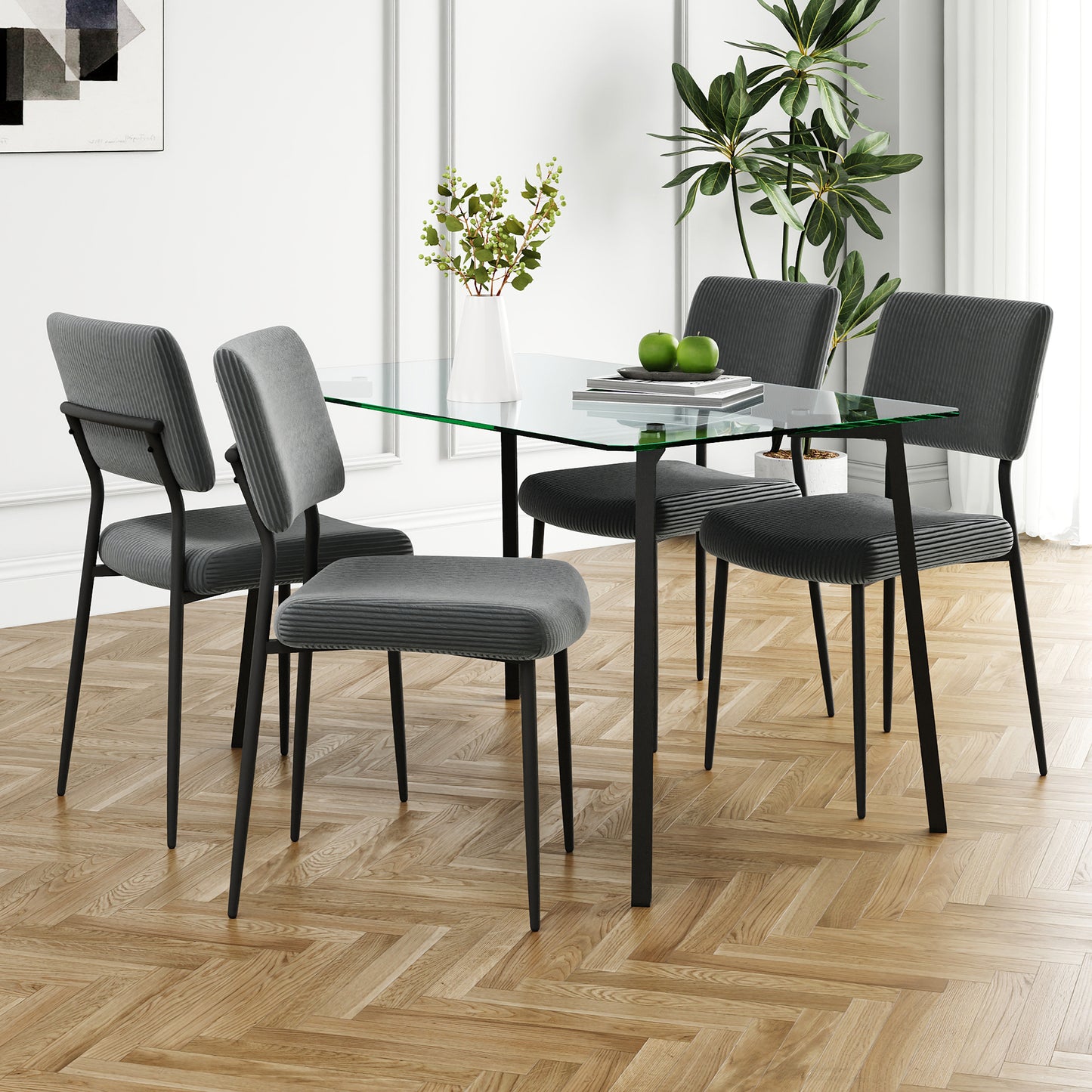 Modern simple table with a glass square table and four chairs. Transparent tempered glass countertop, black metal legs, suitable for kitchen living room dining room (set of 5)