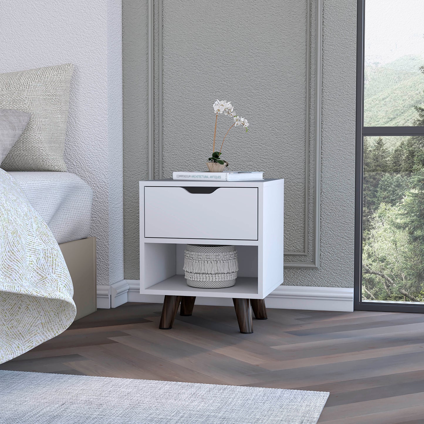 Modern Nightstand 19'H with Spacious Drawer, Open Storage Shelf and Chic Wooden Legs, White