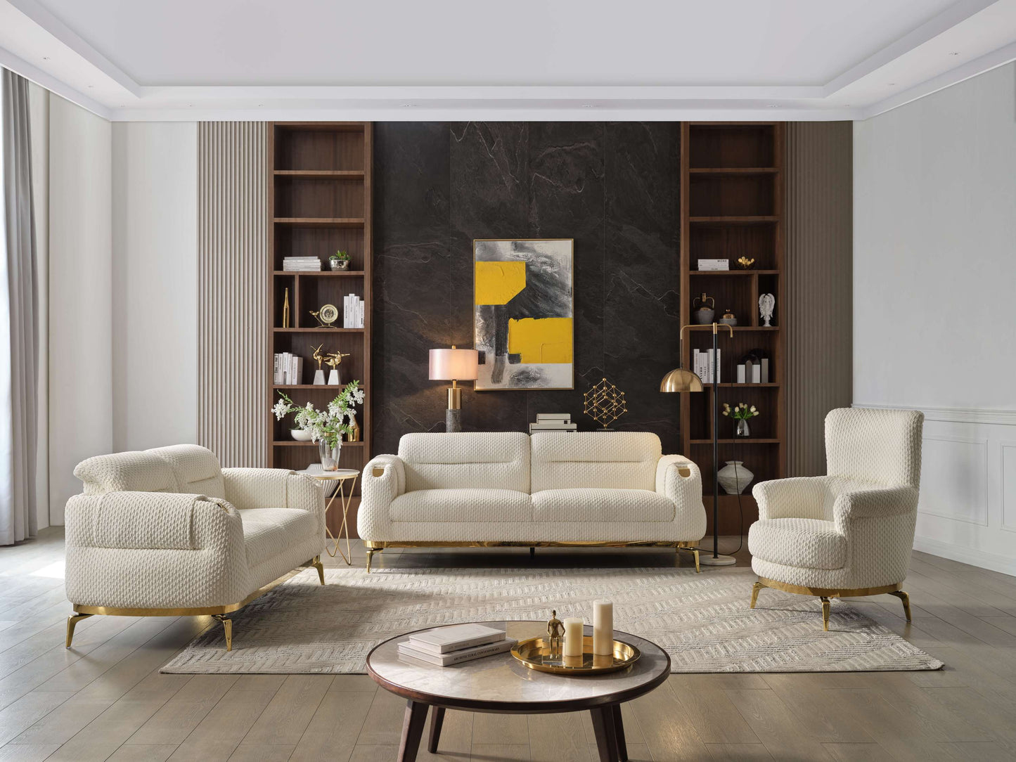 Zoe Modern style 3PC Living room set (Sofa + Loveseat + Chair) made with wood and Gold accents in Cream