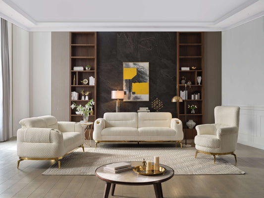 Zoe Modern style 3PC Living room set (Sofa + Loveseat + Chair) made with wood and Gold accents in Cream