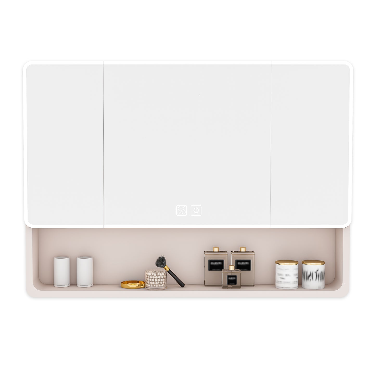 Aluminium Medicine Cabinet Mirror, 35 x 28 Inches with 3 Colors LED Light and Defogging Function, Khaki