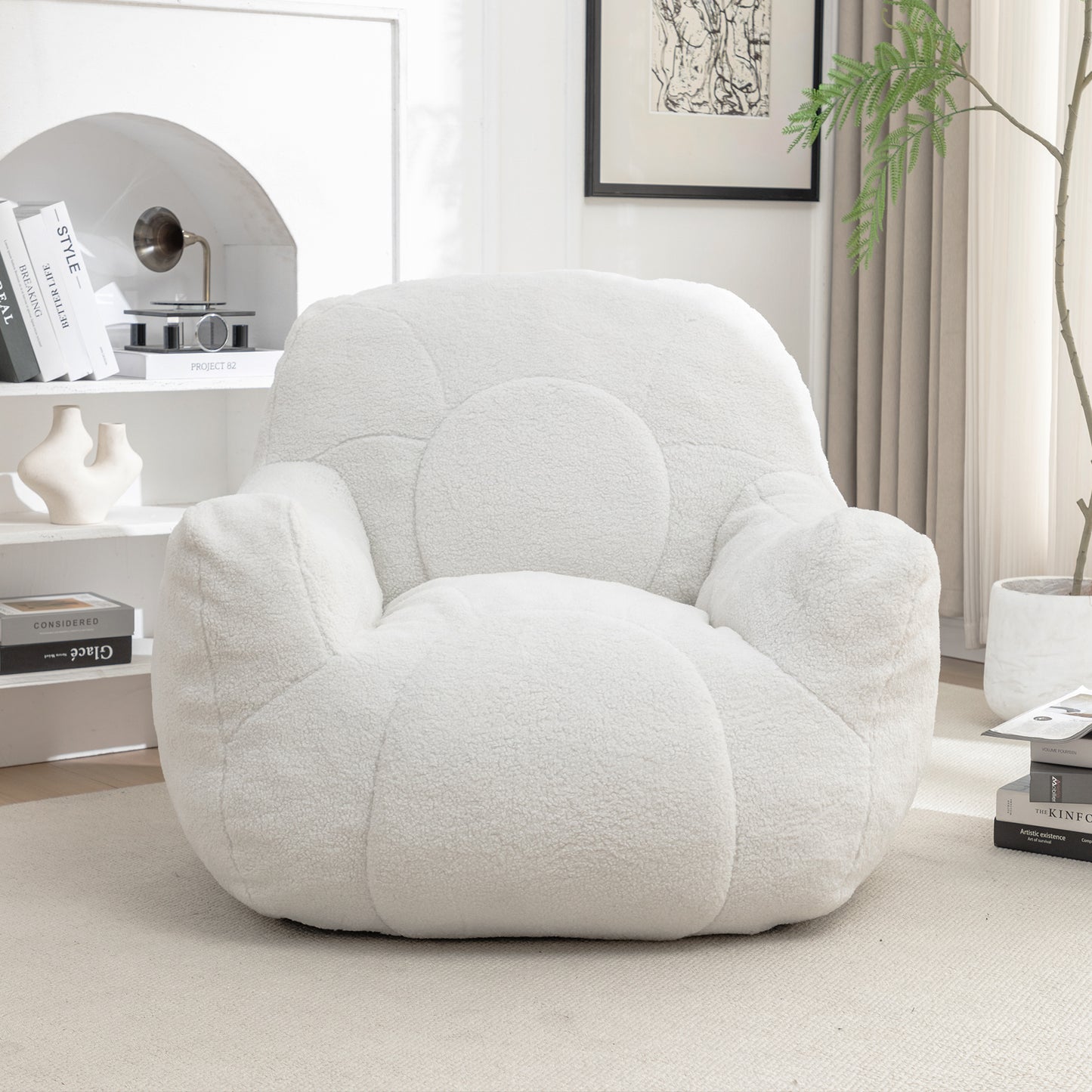 Comfy Bean Bag Chair with Filler, Tufted Memory Foam Sofa in White Teddy Fabric, Fluffy and Cozy Seating for Dorm, Apartment, or Living Room
