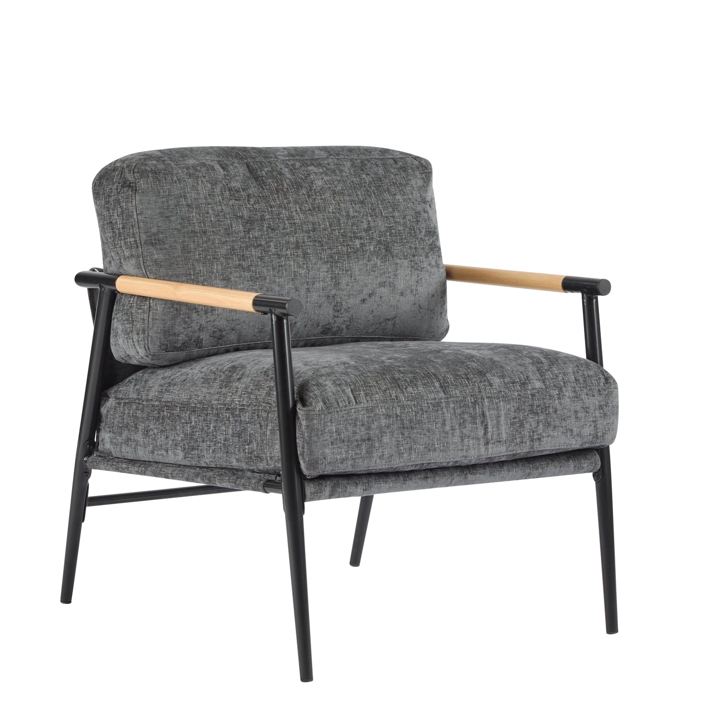 Modern Accent Chair with Plush Cushions, Minimalist Metal Frame, Wooden Armrest in Grey