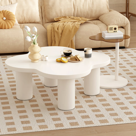 U-Can Modern Coffee Table Set of 2, Irregular Shape Coffee Table with Four Roman Column Legs and End Table with Glass Top for Living Room