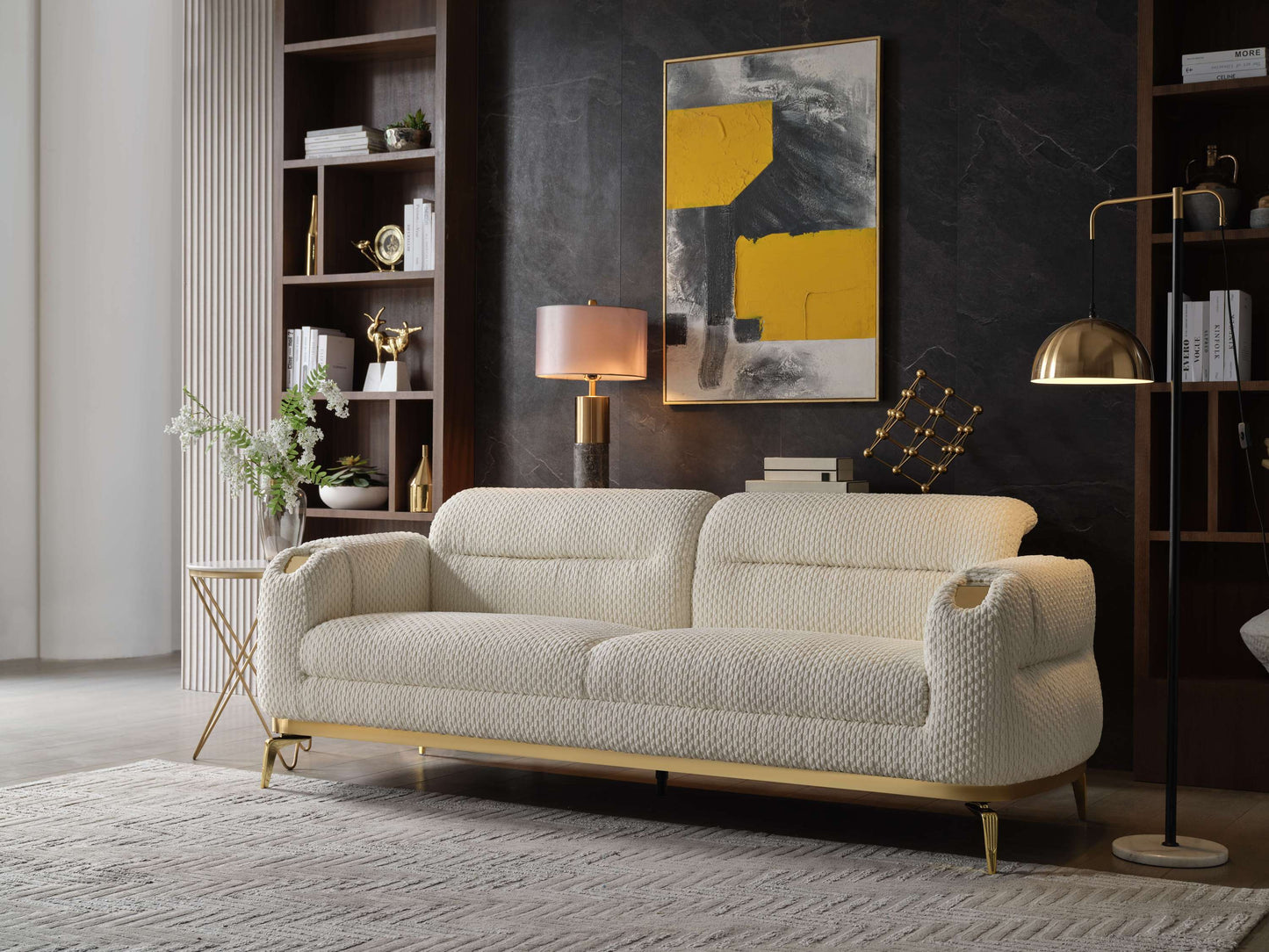 Zoe Modern style Sofa made with wood and Gold accents in Cream  same as B009P303216 (G is CA inventory, B is NJ inventory)