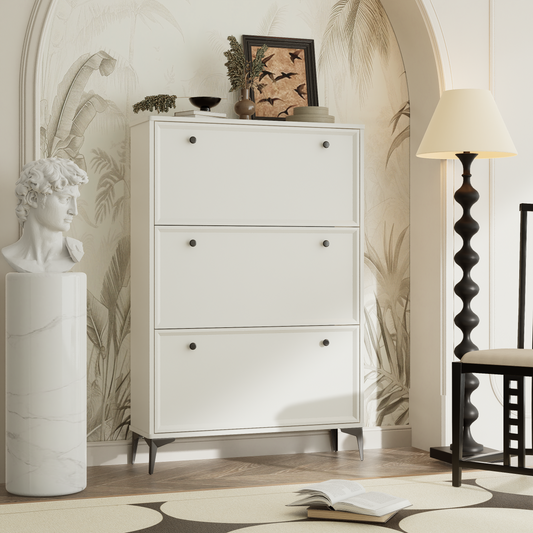 Modern and stylish white shoe cabinet with 3 flip drawers, entrance shoe cabinet, narrow shoe rack cabinet, hidden shoe cabinet with independent legs
