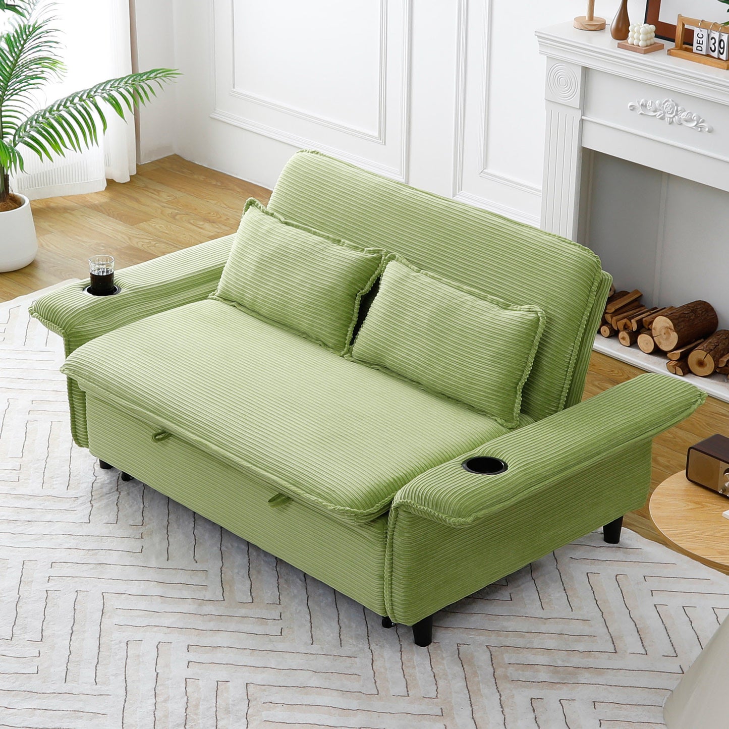 65.74-inch green multi-functional sofa bed with lettered striped fabric, suitable for bedrooms and living rooms. The armrests and backrests are adjustable.