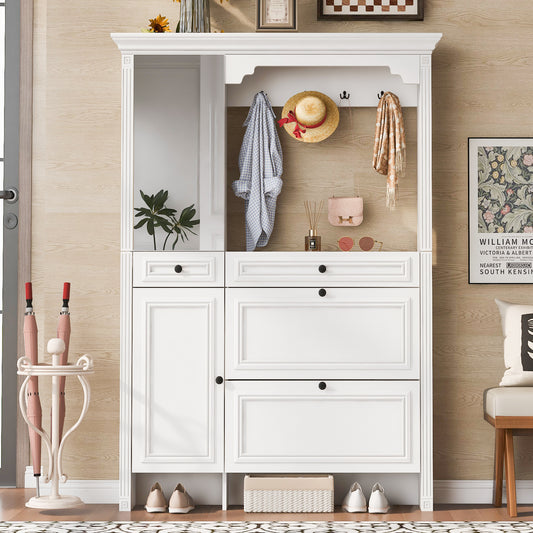 U-Can 54.7'' Hall Tree with Integrated Shoe Cabinet and Mirrored Cabinet Door, Coat Hanger, Entryway Bench, 4-in-1 Design, 2 Flip Drawers, 4 Hooks and 2 Cabinets for Entrance,Living Room