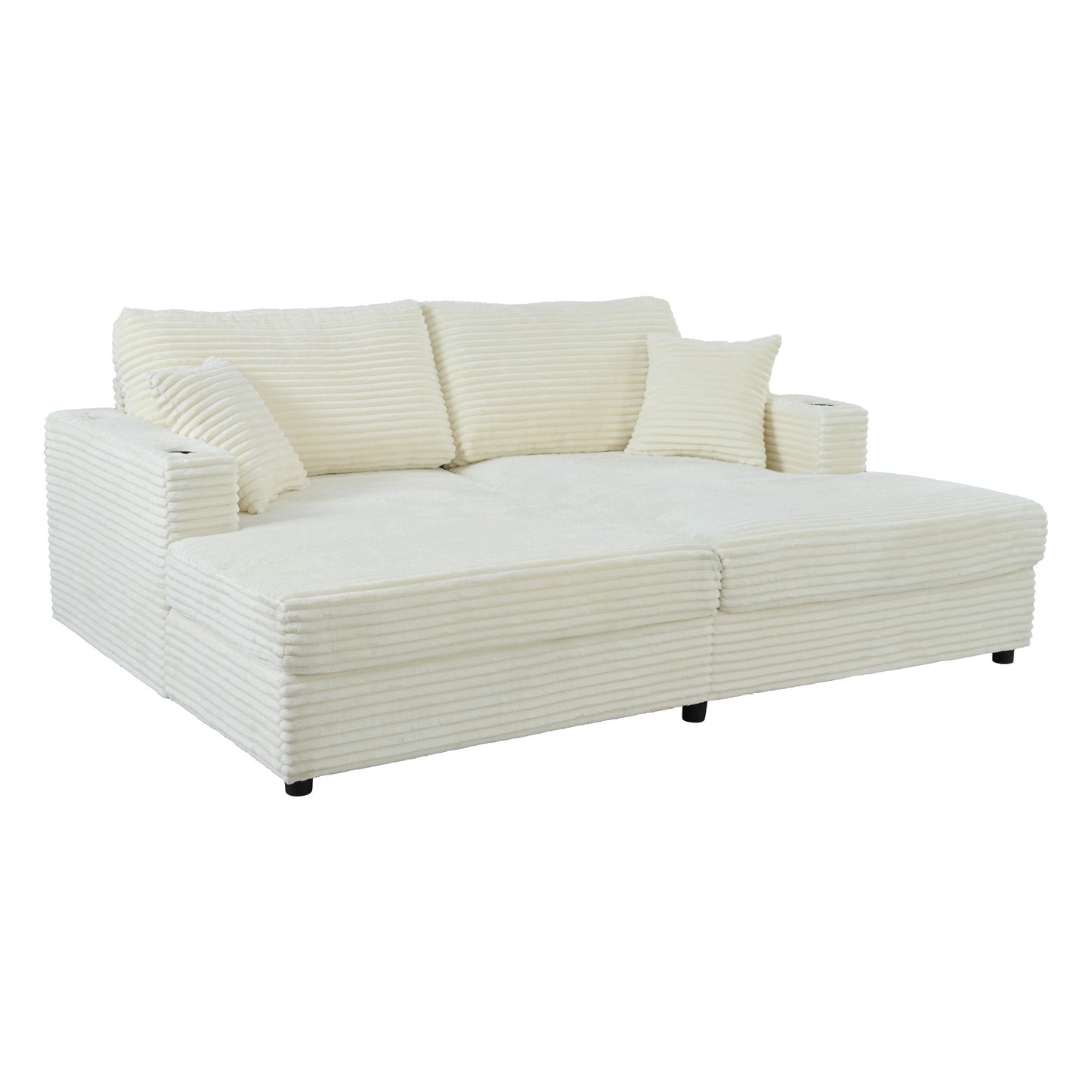 Oversized Loveseat Chaise Lounge Sectional Sofa Bed with USB Ports, Cup Holders, and Throw Pillows, Beige Corduroy