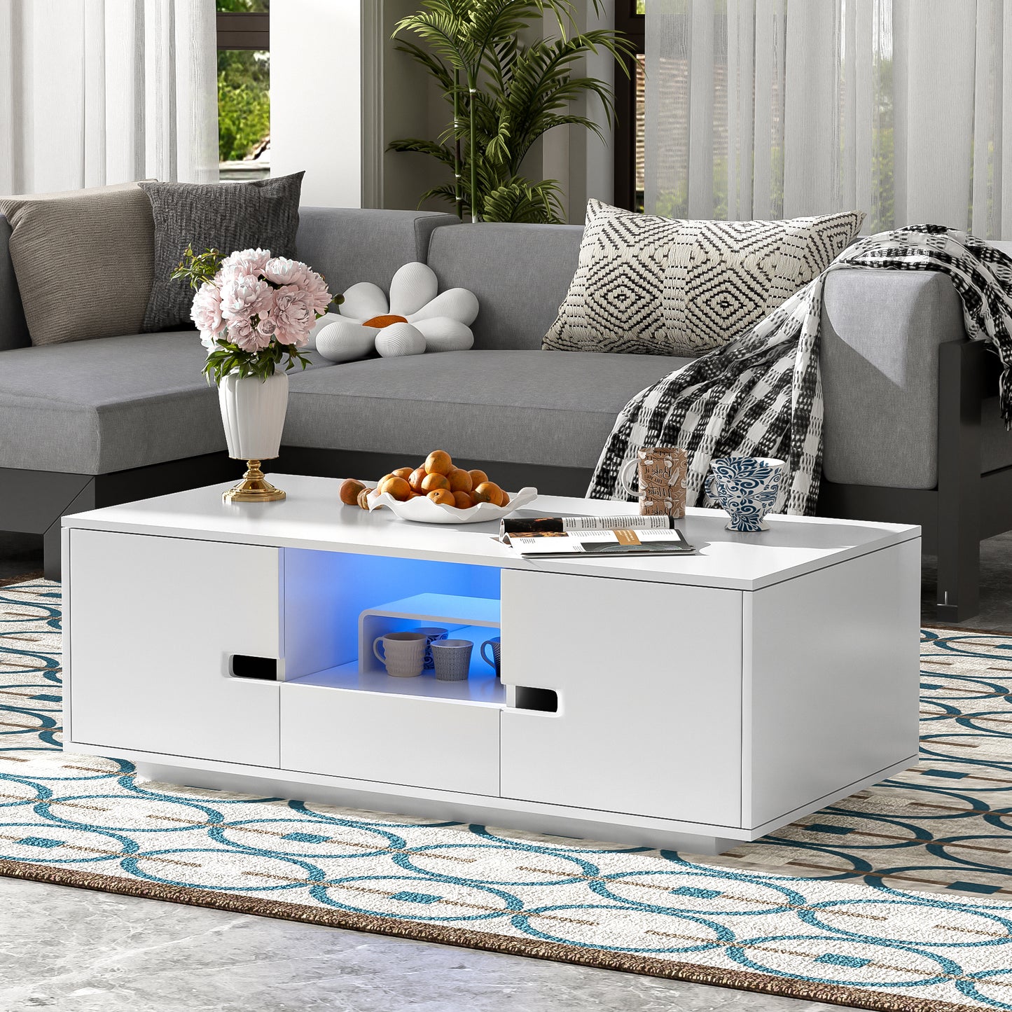 U-Can Modern High Glossy Rectangle Coffee Table, Stylish Center Table with Storage Space, Accent Furniture with 16 Color LED Lights for Living Room