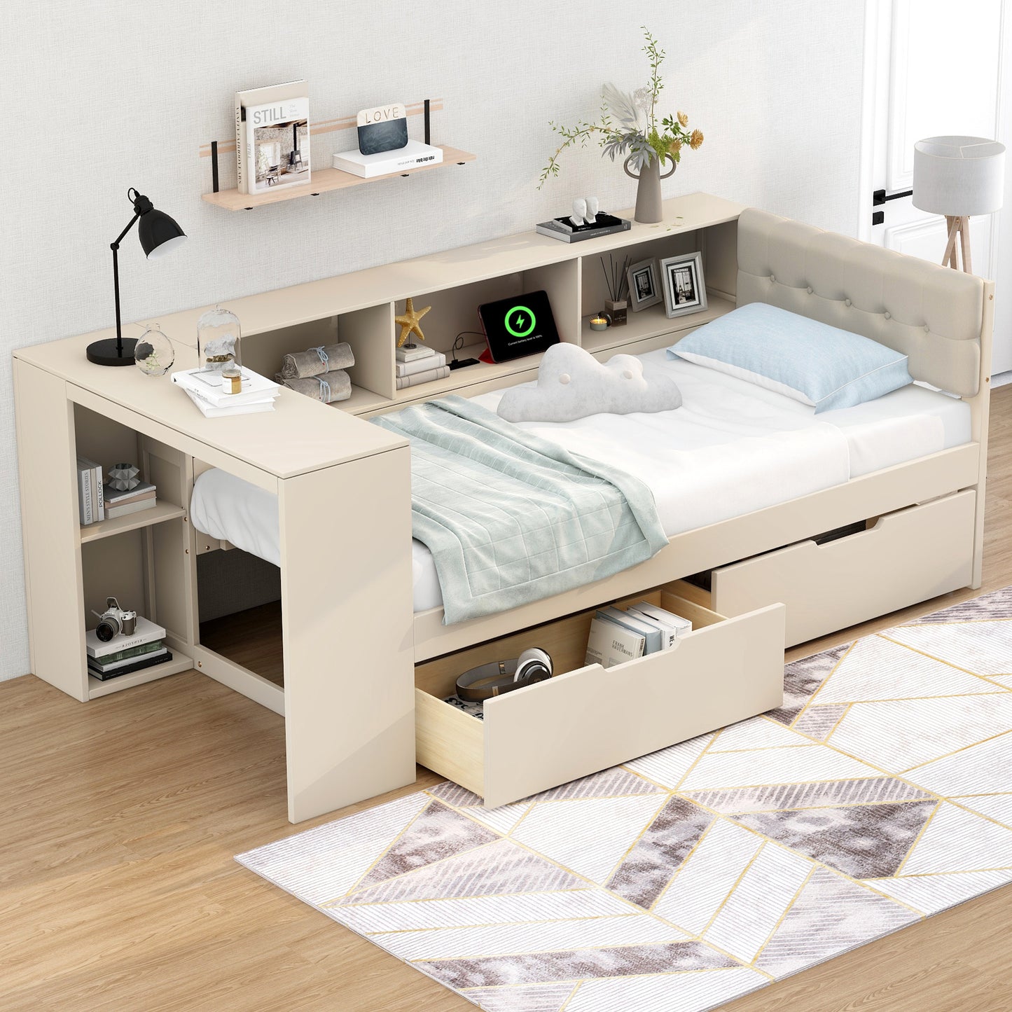 Wood Twin Size Platform Bed with Storage Shelves, Drawers, Charging Station and Upholstered Headboard, Cream