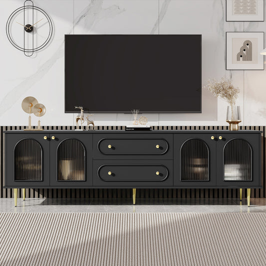 U-Can 78.7'' Modern TV Stand, TV Cabinet with Five Metal Legs and Metal Handles, 2 Drawers and 2 Cabinets with Fluted Glass Doors For Living room, Up to 80'' (Old SKU: SJ000122AAB)