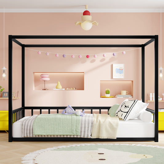 Twin size sunshade floor bed, iron double-size bed frame, modern low-profile double-size bed, equipped with fence-style guardrails, black series