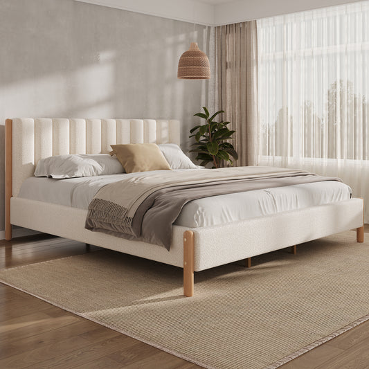 King Size Bed Frame with Boucle Upholstered Thick Headboard, Solid Wooden Legs, White
